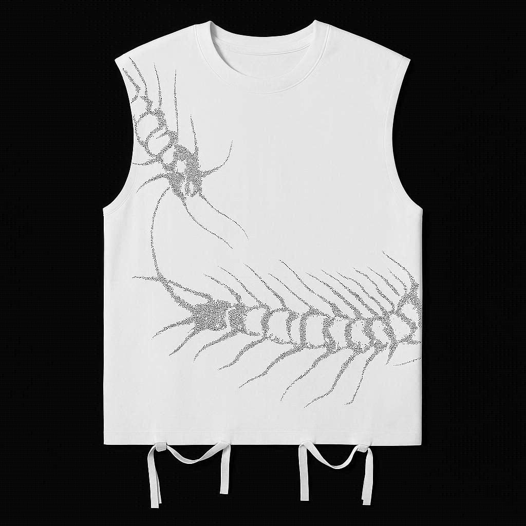 White oversized sleeveless tank with a dotted centipede print